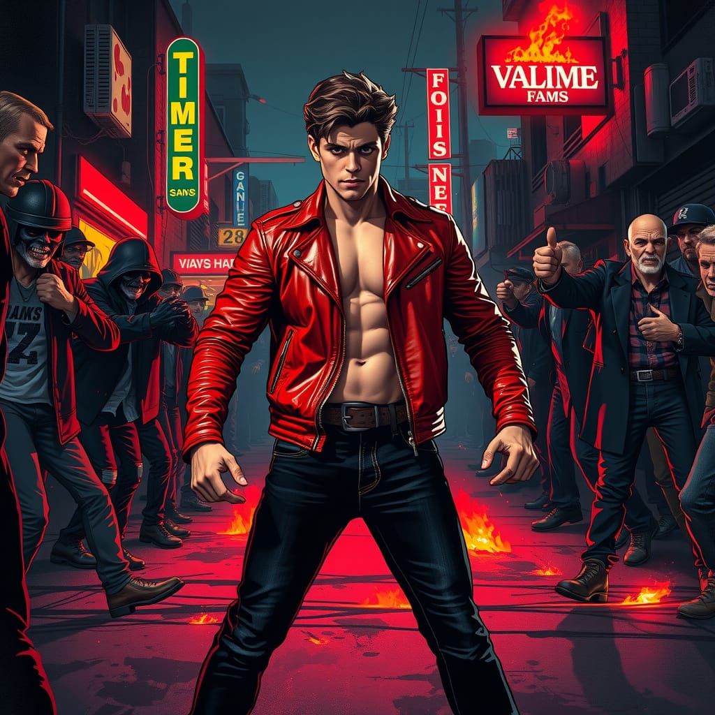 Urban Confrontation: Red Jacket Stands Against Fiery Crowd