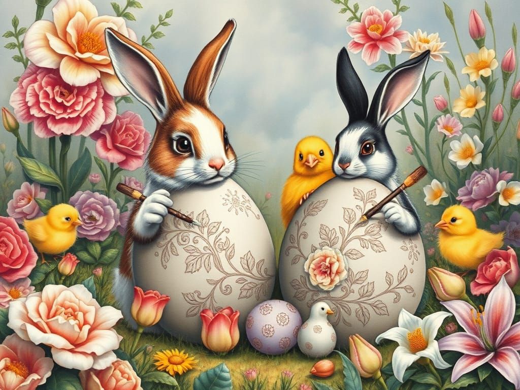 Easter Bunnies Painting Eggs in Fantasy Landscape