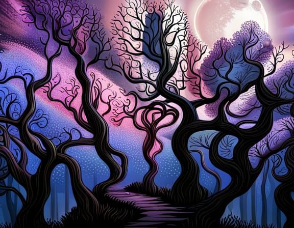 Dark Fantasy Forest with Twisted Trees and Moon