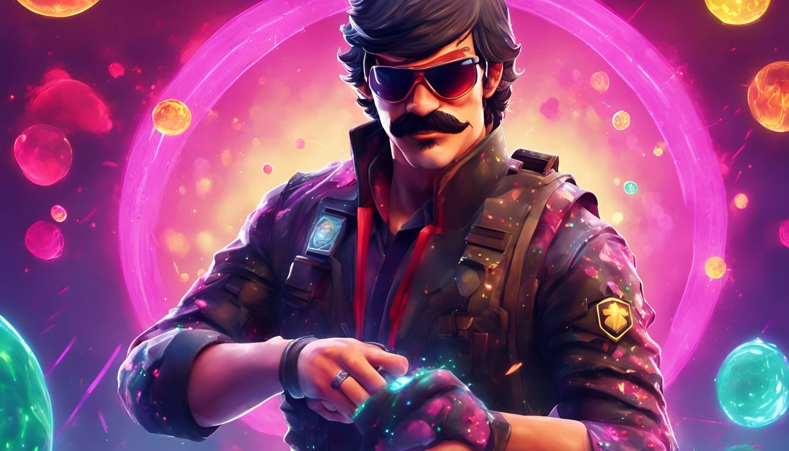 Fortnite, DR. Disrespect , Magic, Neon, Kinetic Pointillism Style, Holographic, Flickering Light, Spells, Incantations, ...