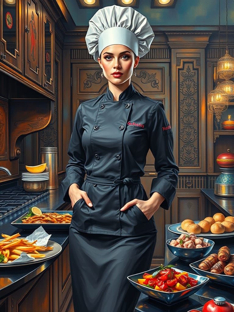 Neo-Impressionist Female Chef in Modern Kitchen