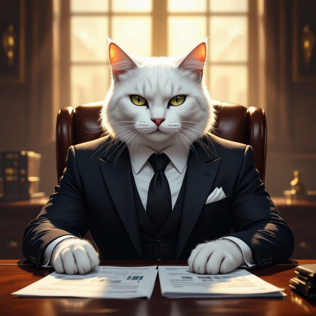 Muscular Cat in Business Suit at Opulent Desk