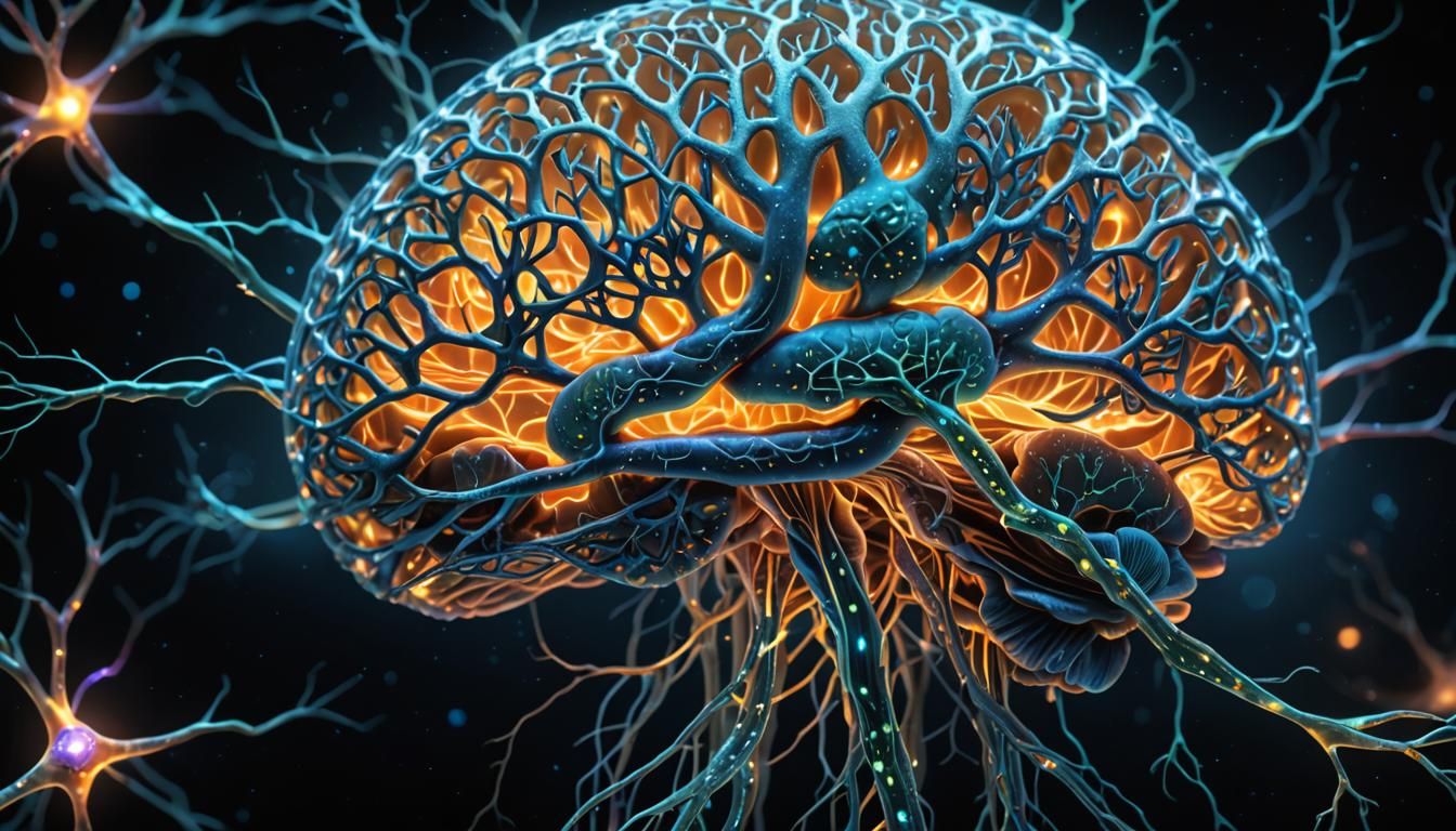 Detailed Bioluminescent Brain: Microscopic Sci-Fi Illustrati...
