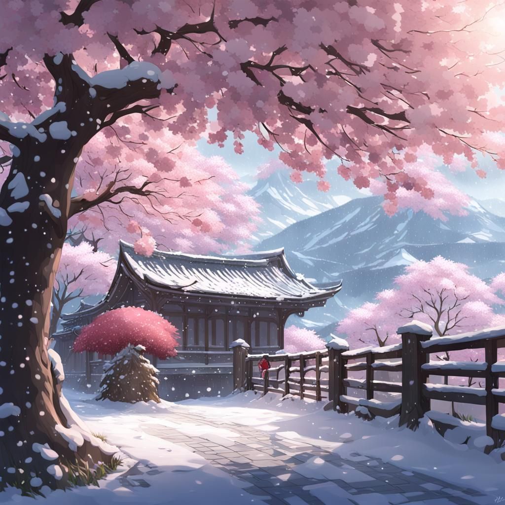 Cherry Blossom in Gentle Snowfall: 3D Anime Art