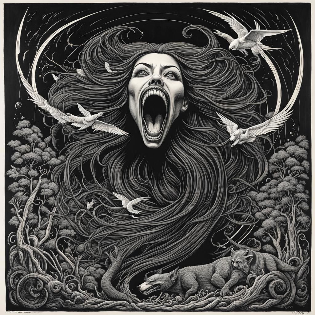 Screaming Mythpunk Banshee in Scratch Board Ink