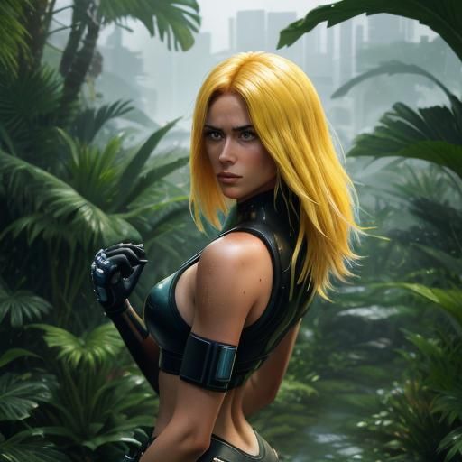 Blonde Woman in Jungle with Cyberpunk Neon