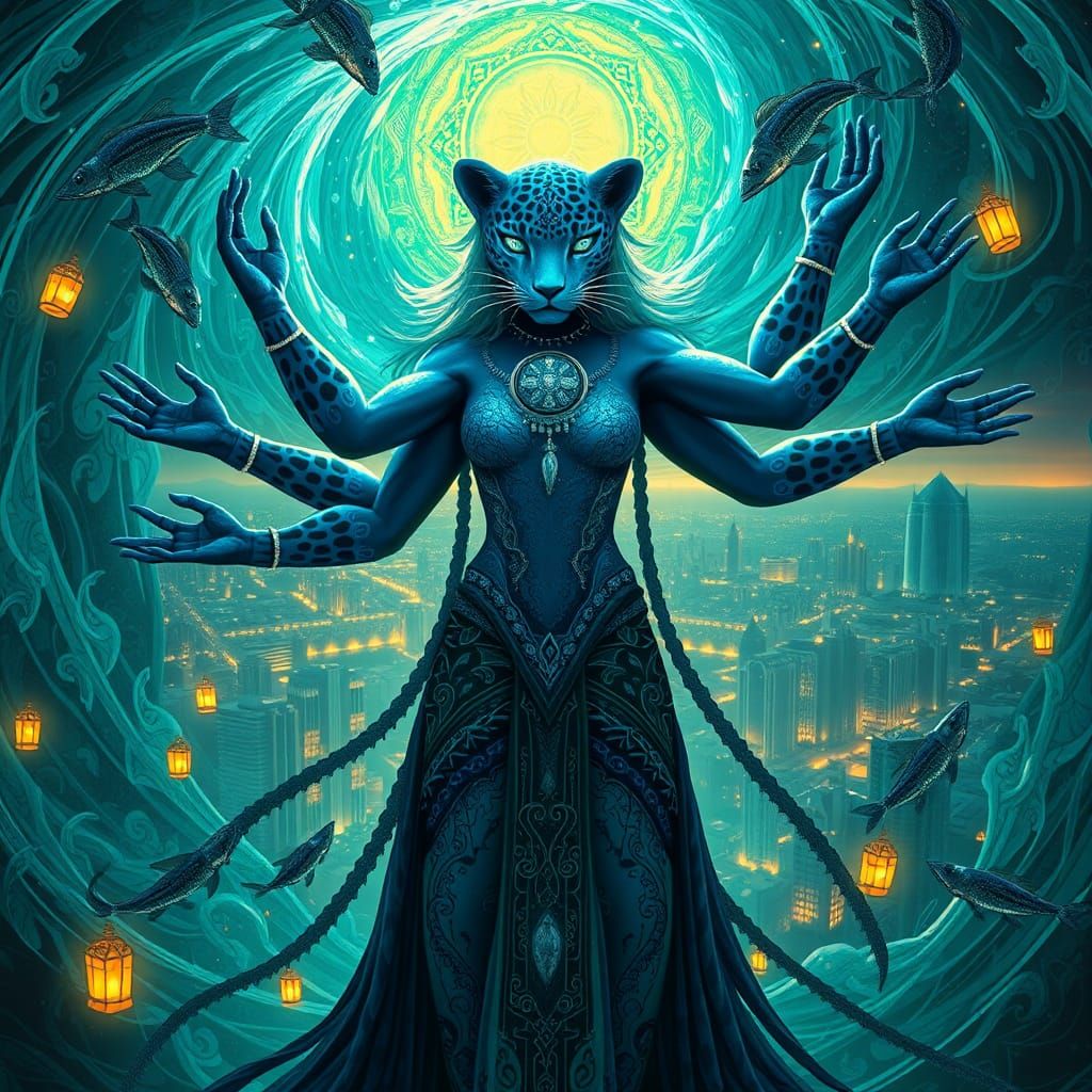 Blue Leopard Woman in Teal Vortex: Fantastic Concept Art