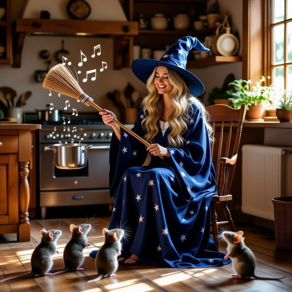 Wizard Woman Casting Spell in Cozy Kitchen, Whimsical Fantas...