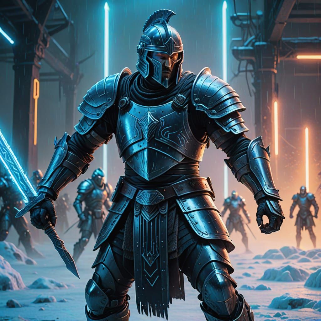 Cyberpunk Ice Knight Battles Robots in Icy Arena