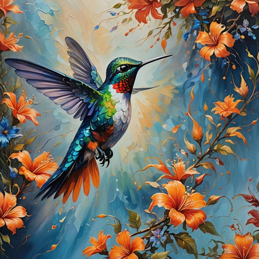 Vibrant Hummingbird in Mystical Bloom