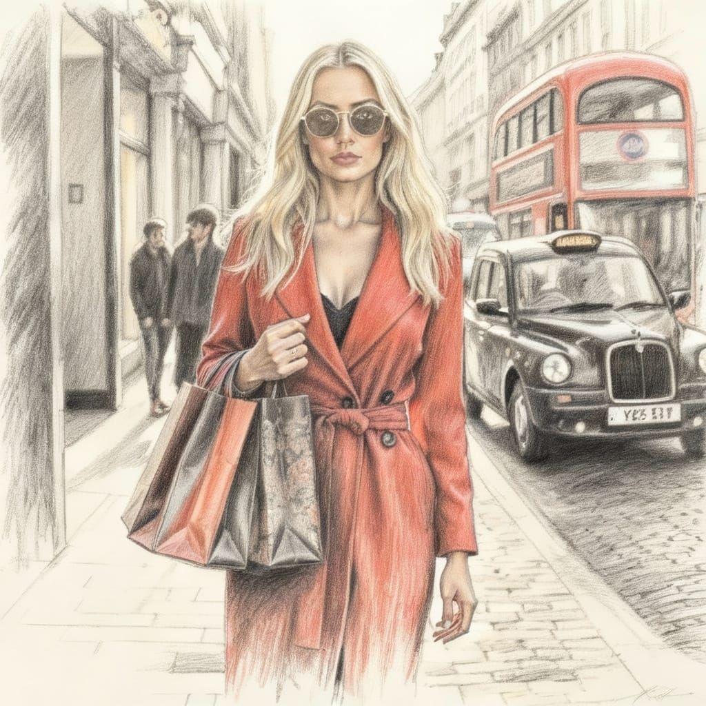 Woman's Coat in Charcoal Brush Strokes with Color Accents