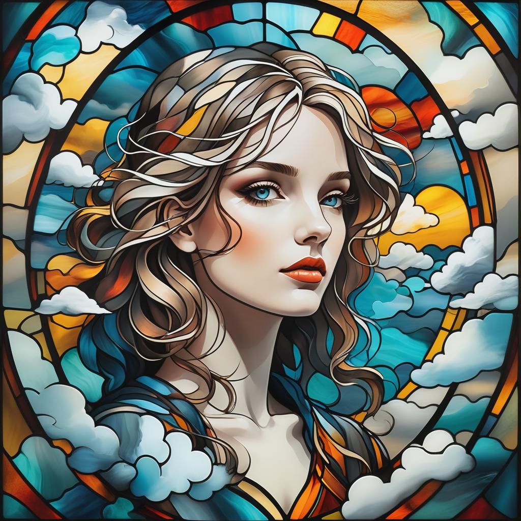 Stained Glass Girl with Clouds in Abstract Art