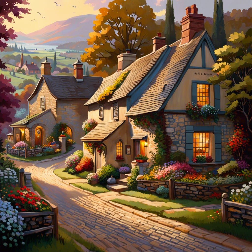 Charming Countryside Village in Digital Matte Painting Style