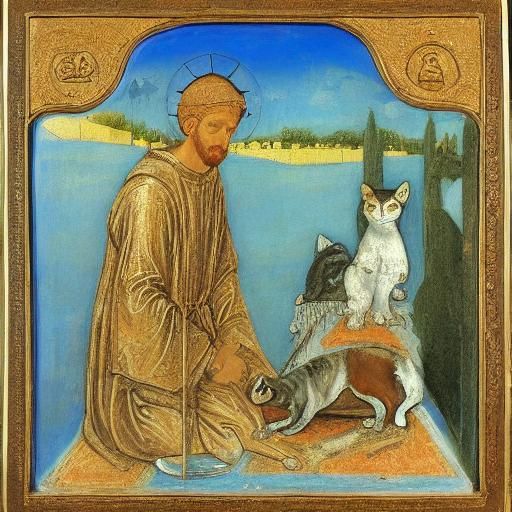 Saint Francis and Cat in Enameled Glass Style