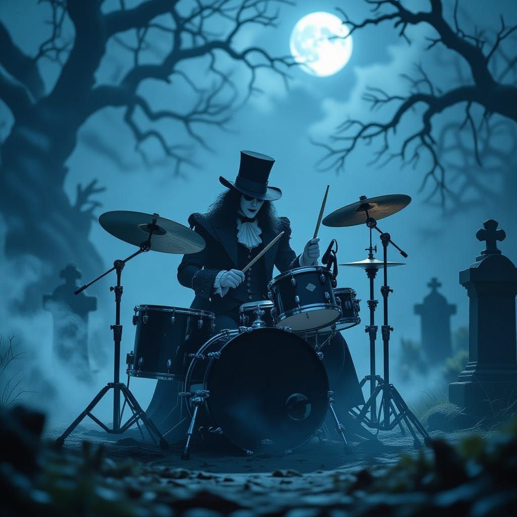 Ghostly Drummer in Foggy Graveyard, Gothic Horror Art