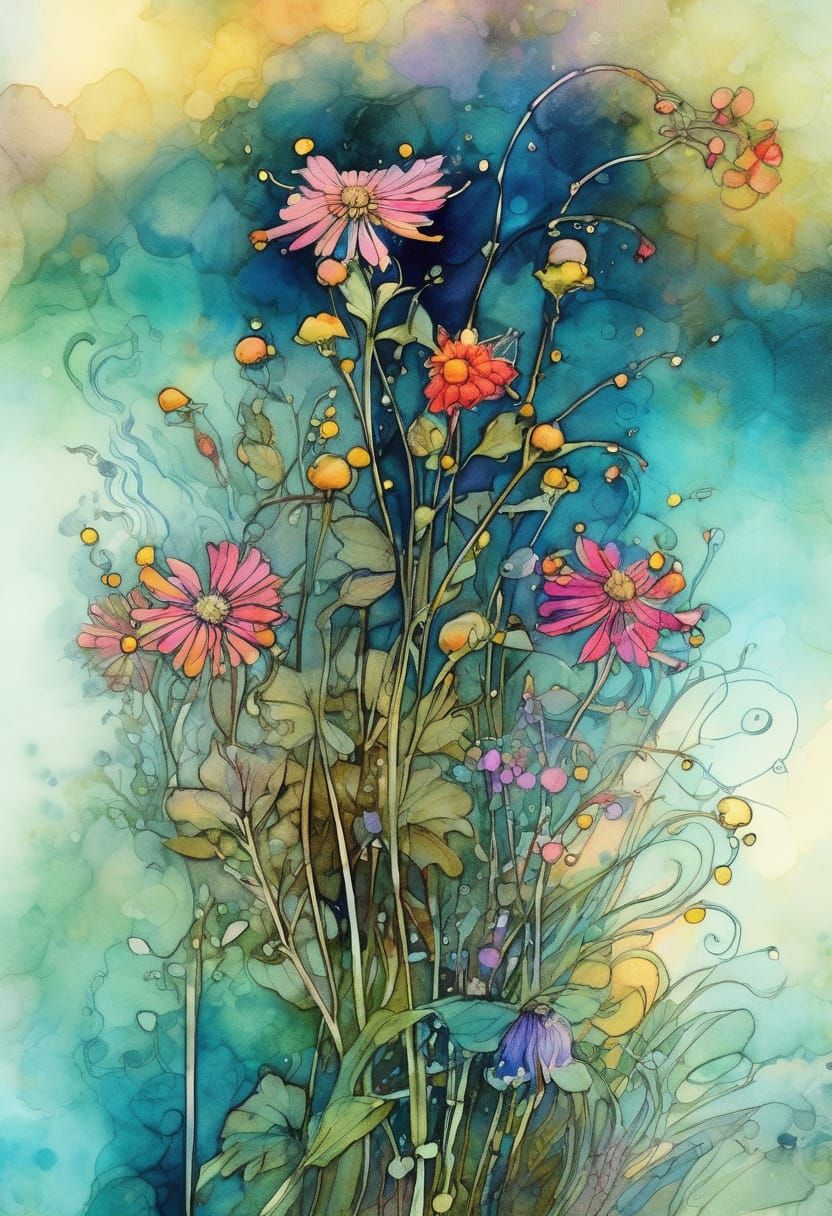 Detailed Wildflower in Liquid Ink Watercolor Style