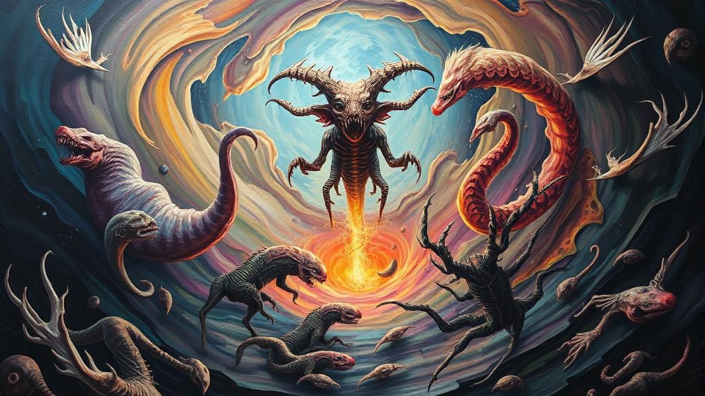 Mystical Creature Emerges from Swirling Vortex, Oil Painting