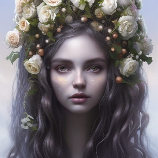 Goddess Portrait with Roses and Diamonds, Art Nouveau Style