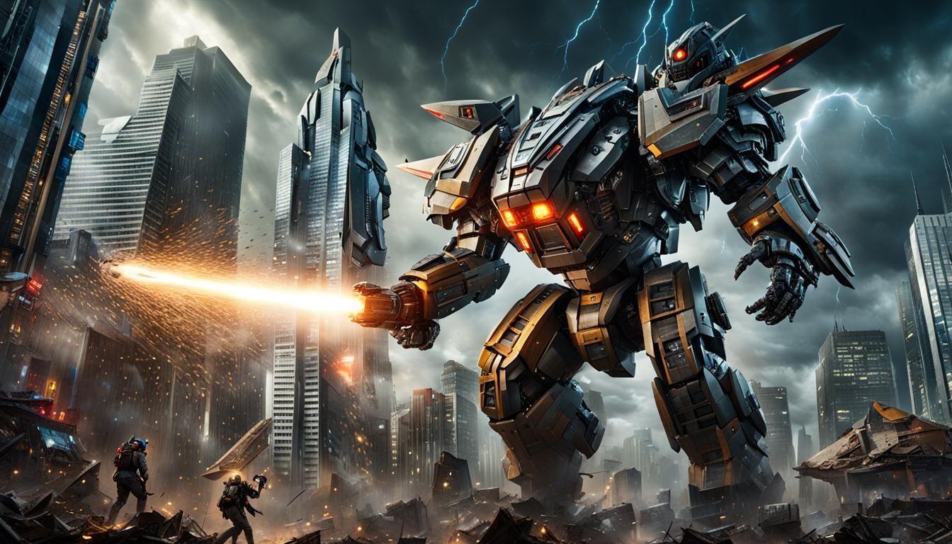 Mech Suit vs Kaiju: Epic Battle in Hyperrealism