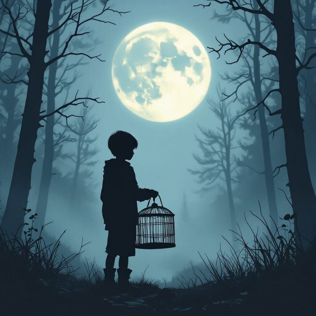 Eerie Forest: Boy, Cage, and Moon in Digital Art Style