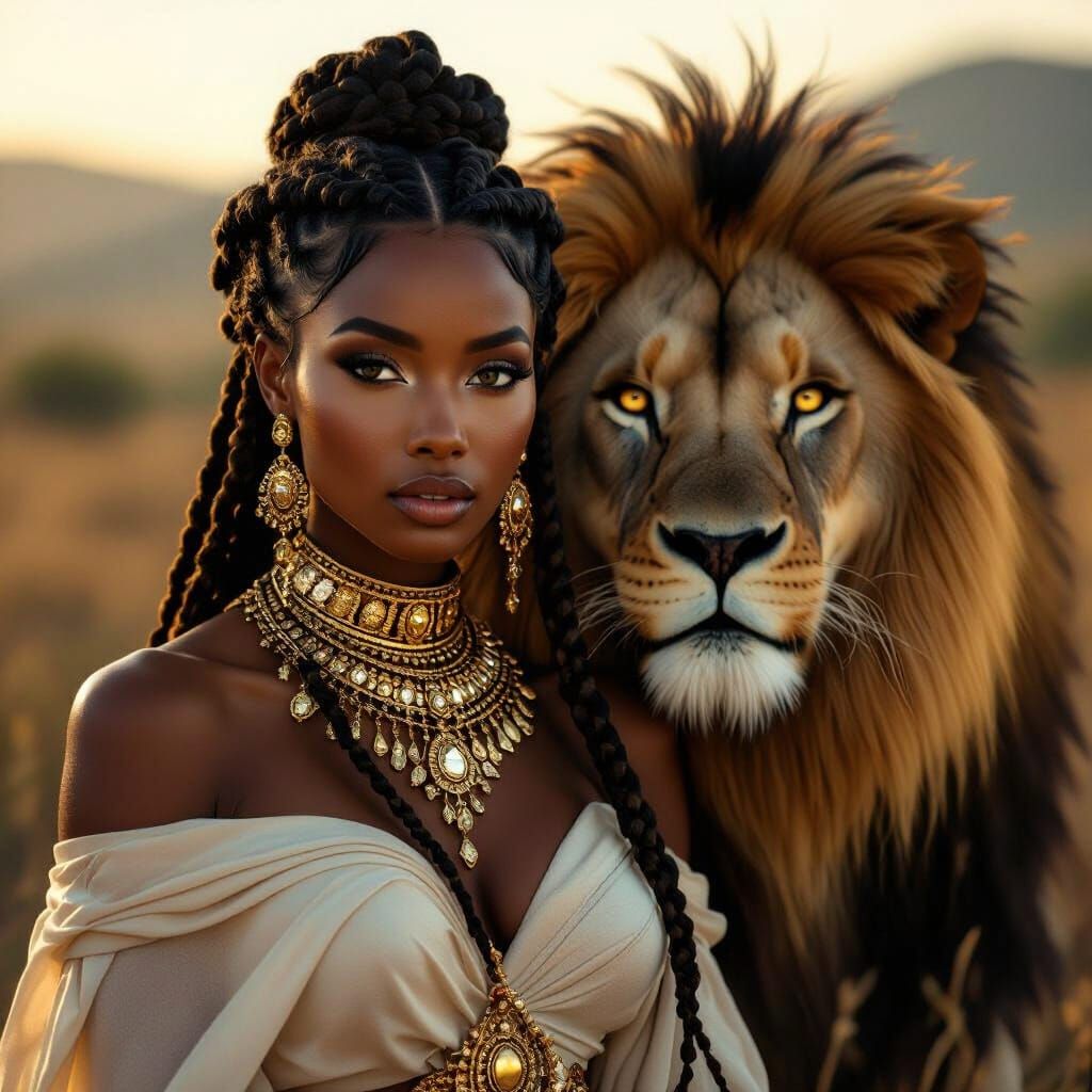 Regal Black Woman and Lion in Ethereal Fantasy Landscape