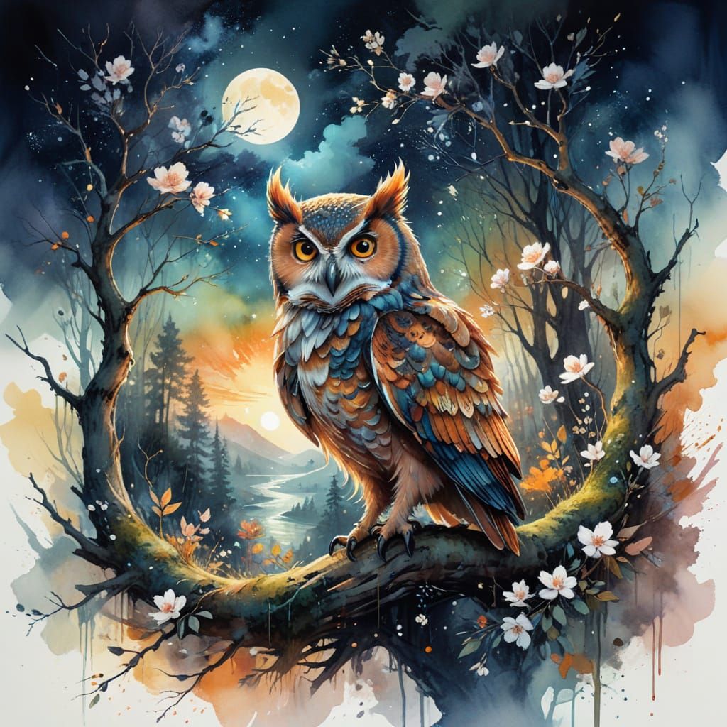 Ethereal Owl in a Celestial Forest
