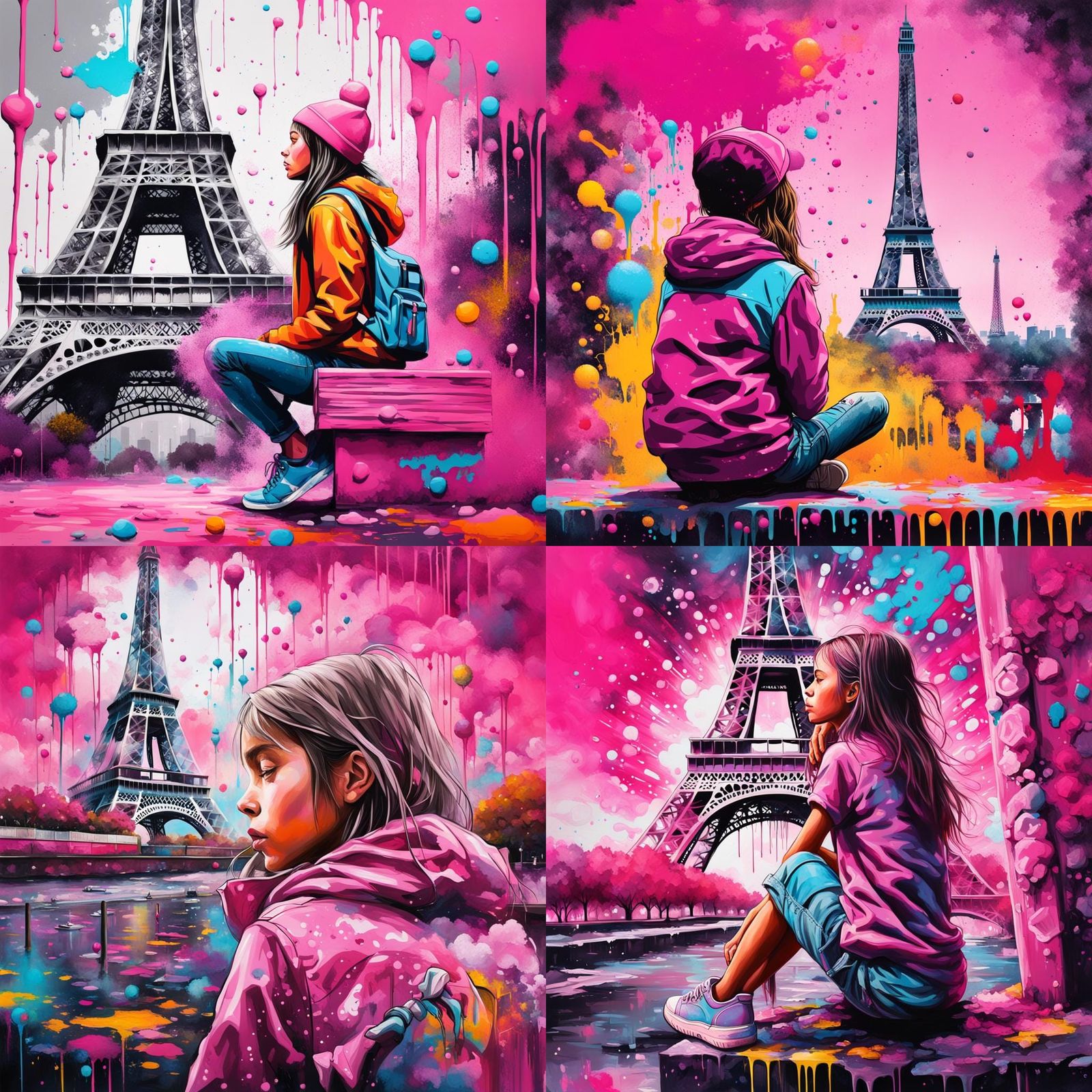 Dreamy Girl Gazing at Eiffel Tower Graffiti Art