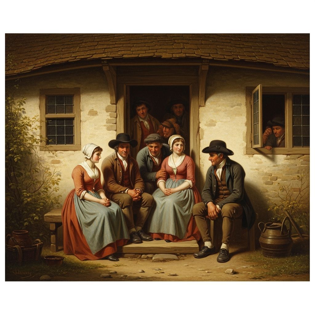 Rustic Workers Rest on Cottage Doorstep in Neoclassical Styl...