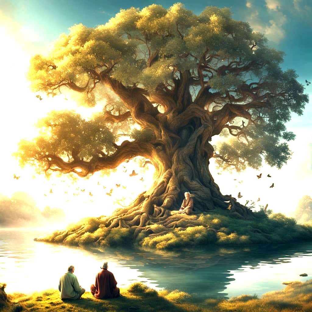 Serene Old Man Meditating on Floating Island