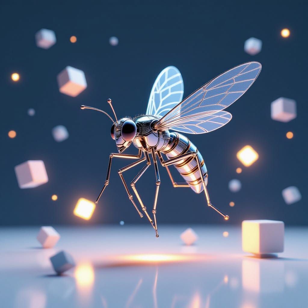 Wireframe Fly Mid-Dance in 3D Illustration
