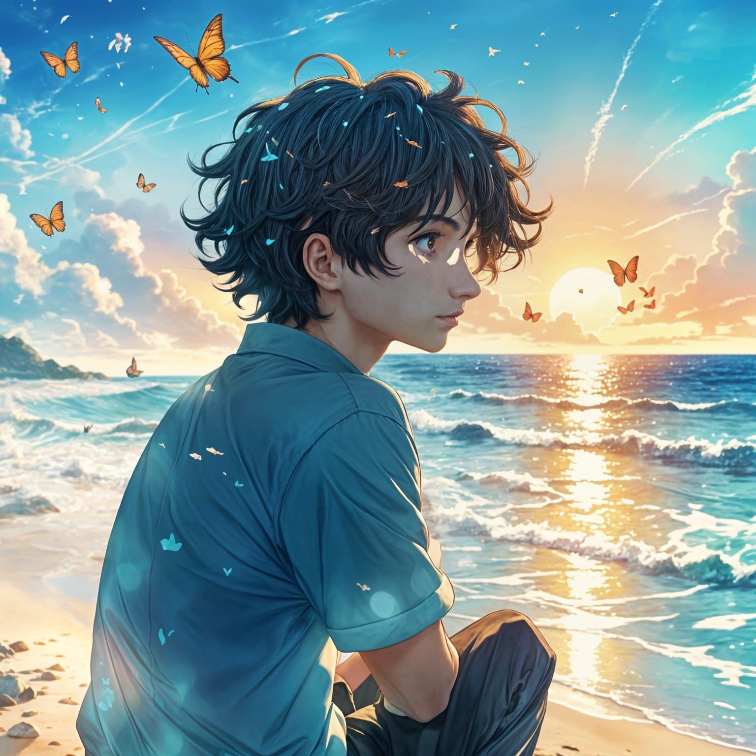 Young British Man Seated on Sunset Beach in Anime Style