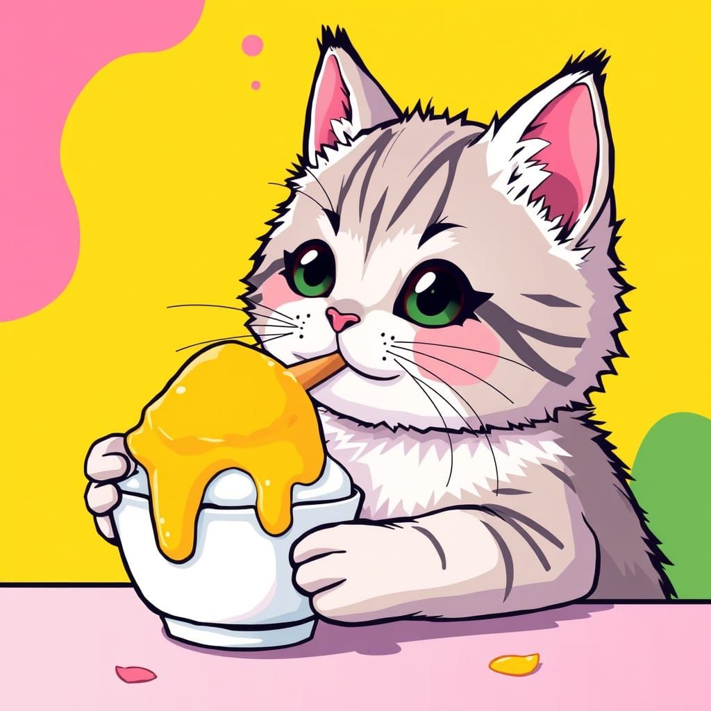Kawaii Cat Licks Colorful Ice Cream Cones in Whimsical Style