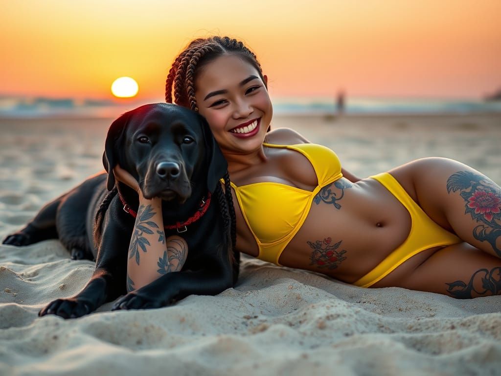 Woman and Dog on Beach at Sunset in Wiley Style