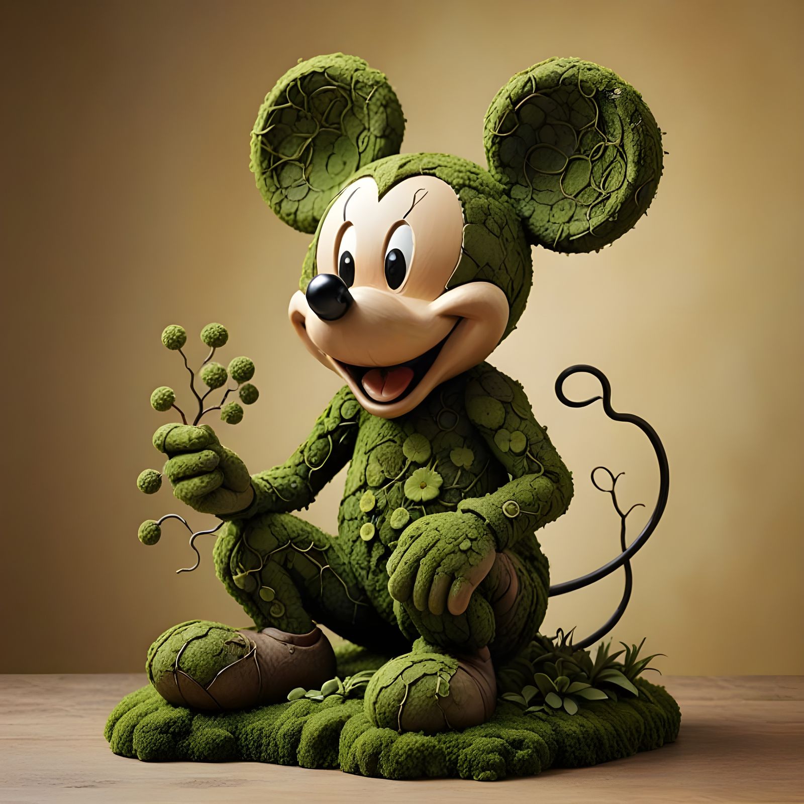 Surreal Moss Mouse Sculpture in Whimsical, Earthy Style