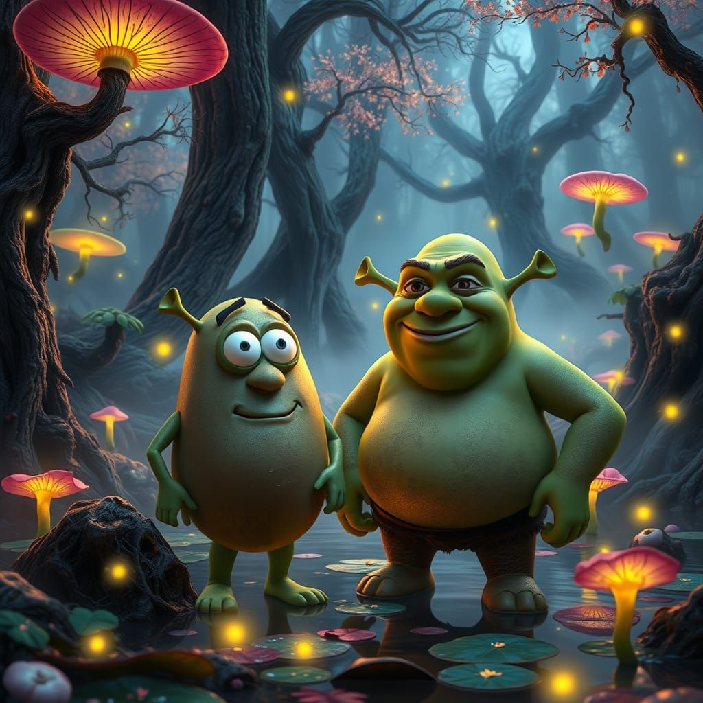 Mr. Potato Head and Shrek in Mystical Swamp