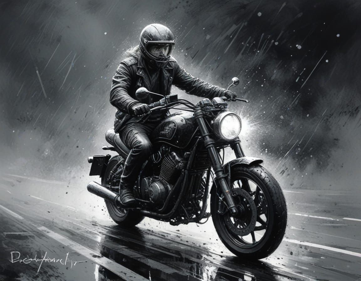 Motorcycle Rider on Rainy Highway: Watercolor Impasto