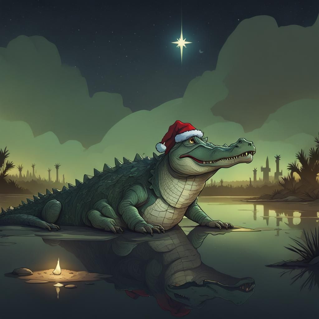 Alligator Weeping at Nativity Scene, Hyperrealistic Art