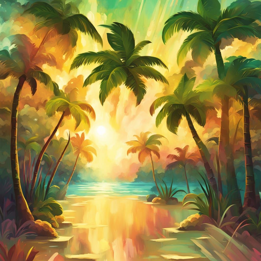 Tropical Beach Landscape with Towering Trees in Painterly St...