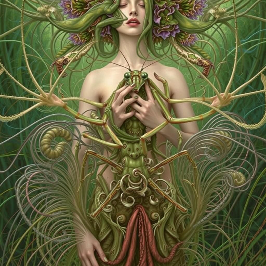 Praying Mantis-Human Hybrid in Mycelium Network