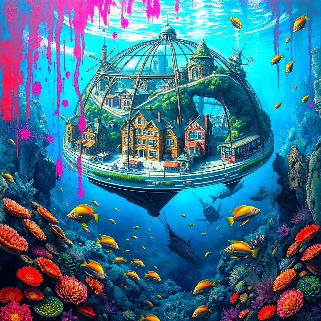 Suburban Dome City at Sea Bottom in Graffiti Style