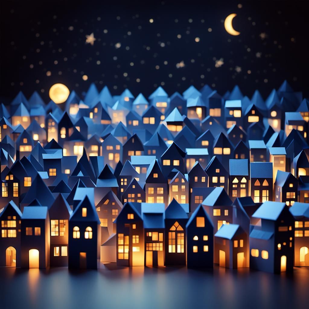 Origami Town at Night in Papercraft Style