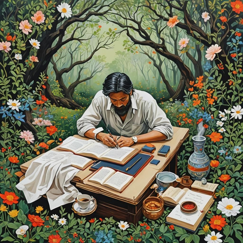 Detailed Gouache Painting: The Bound Author