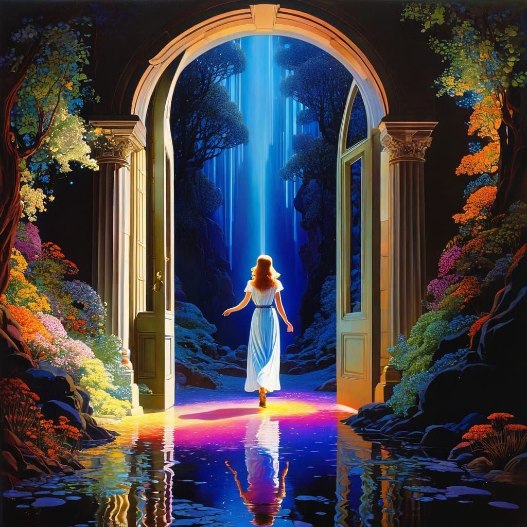 Mystical Cosmic Scene Through Luminous Doorway
