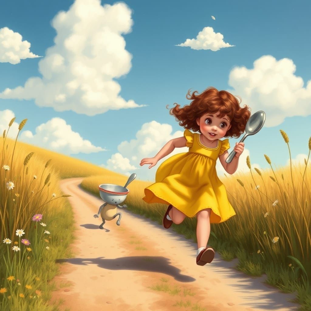 Girl Chasing Dish and Spoon in Storybook Scene