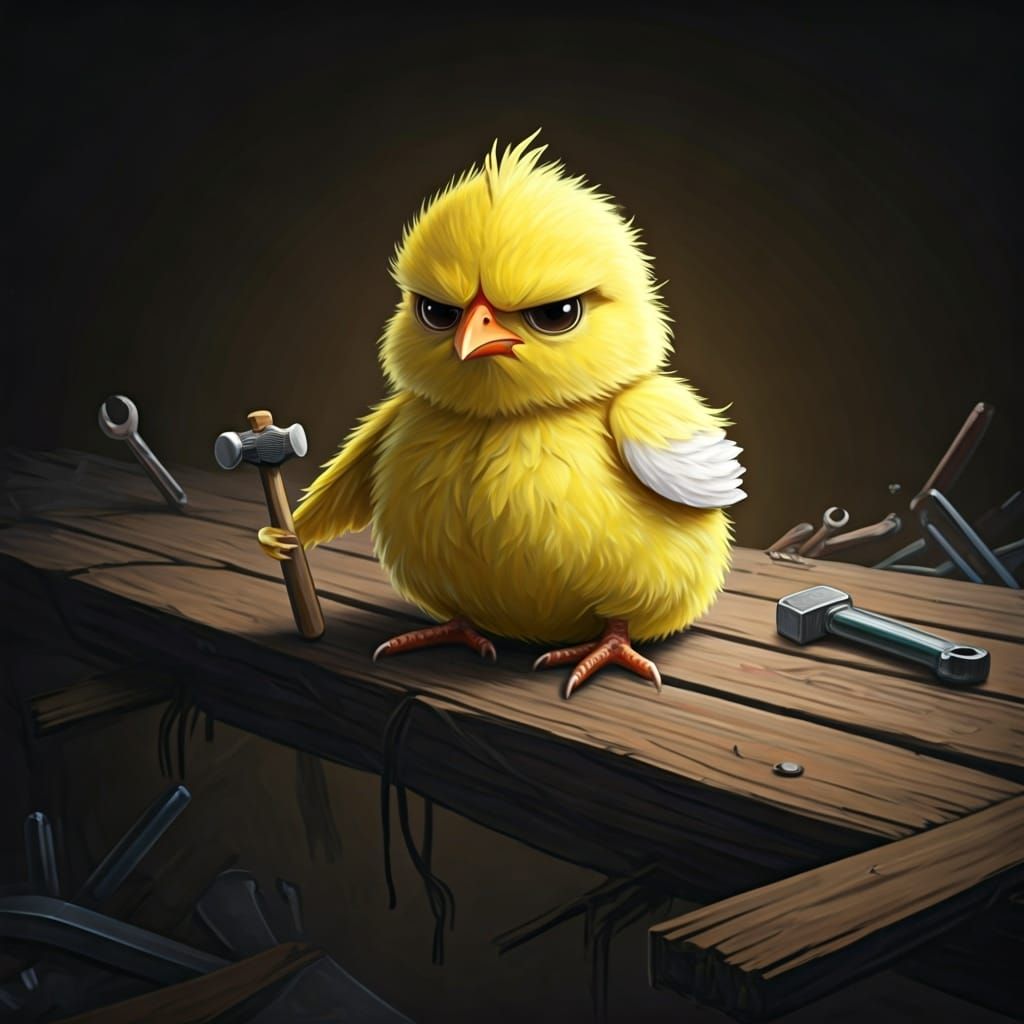 Grumpy Chick on Collapsed Bridge: Pastel Illustration
