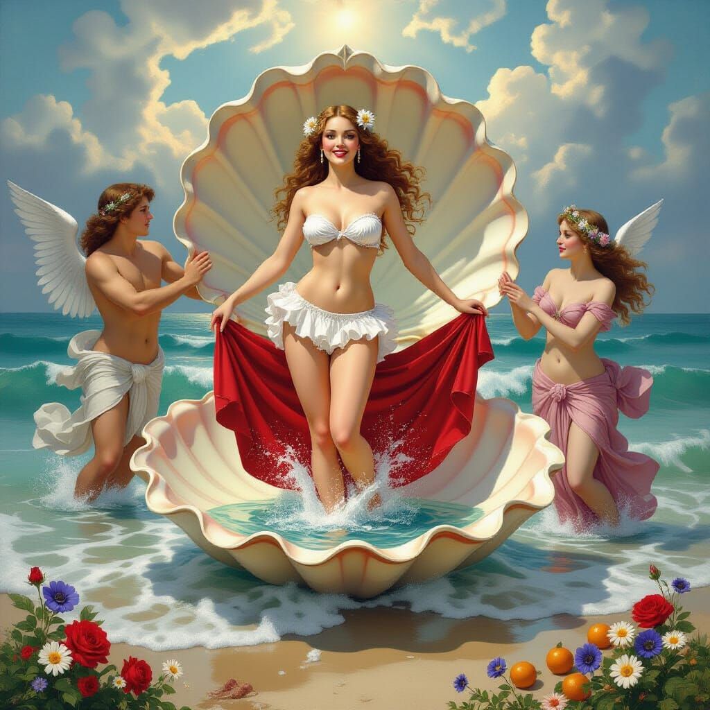 Venus Emerges from Sea Foam in a Seashell