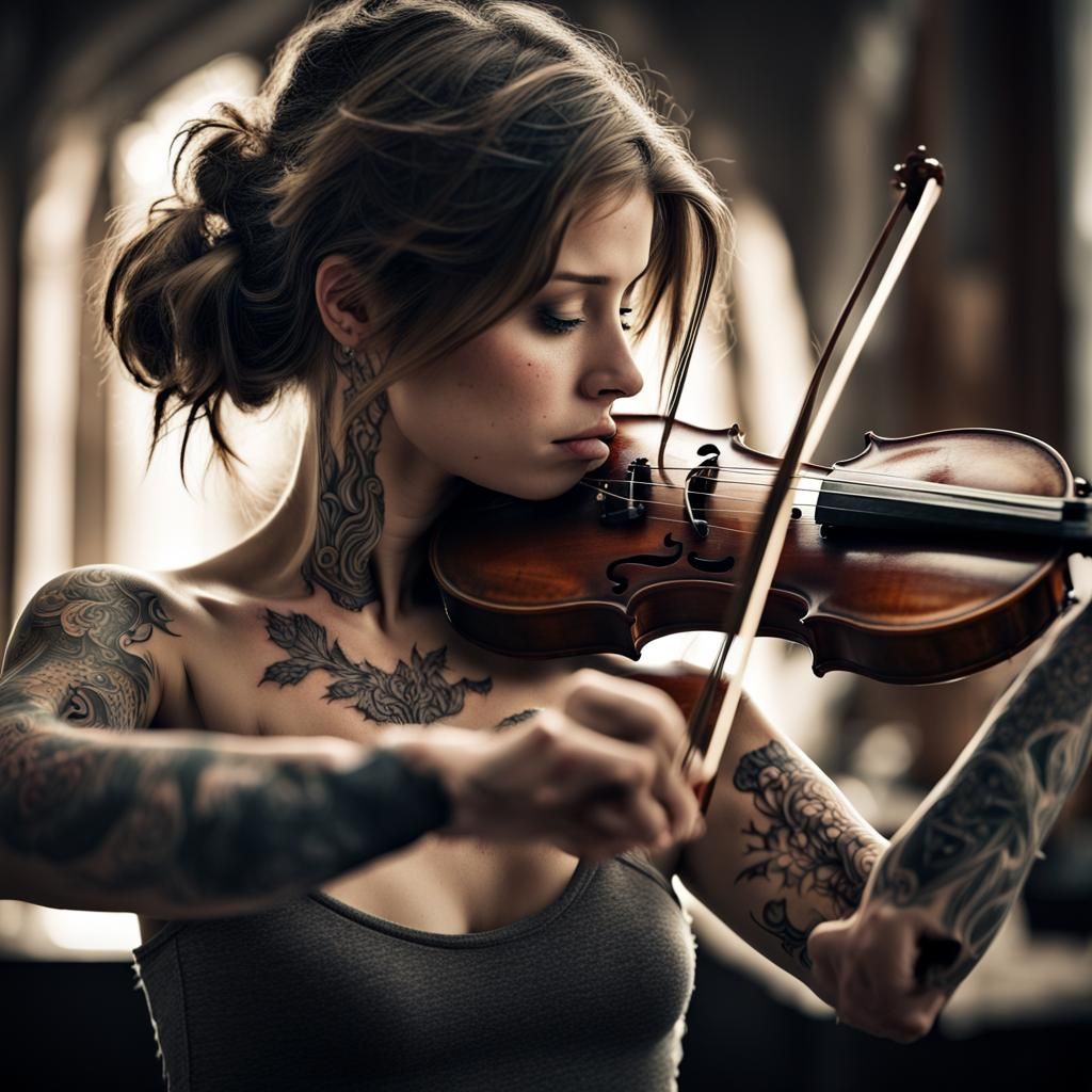 Hyperrealistic Girl Playing Violin with Tattoos