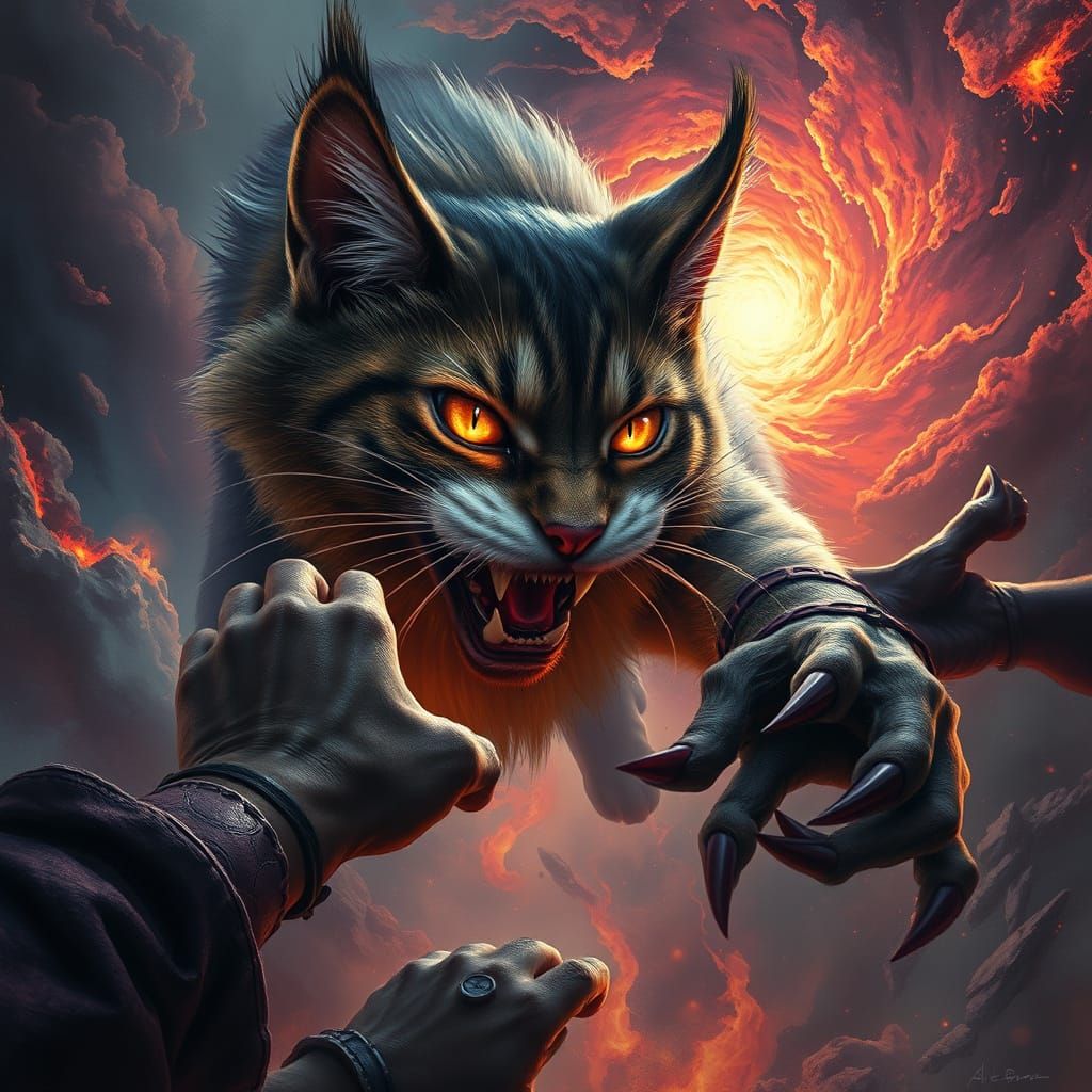 Ferocious Cat Emerges from Mystical Vortex in Cyberpunk-Insp...