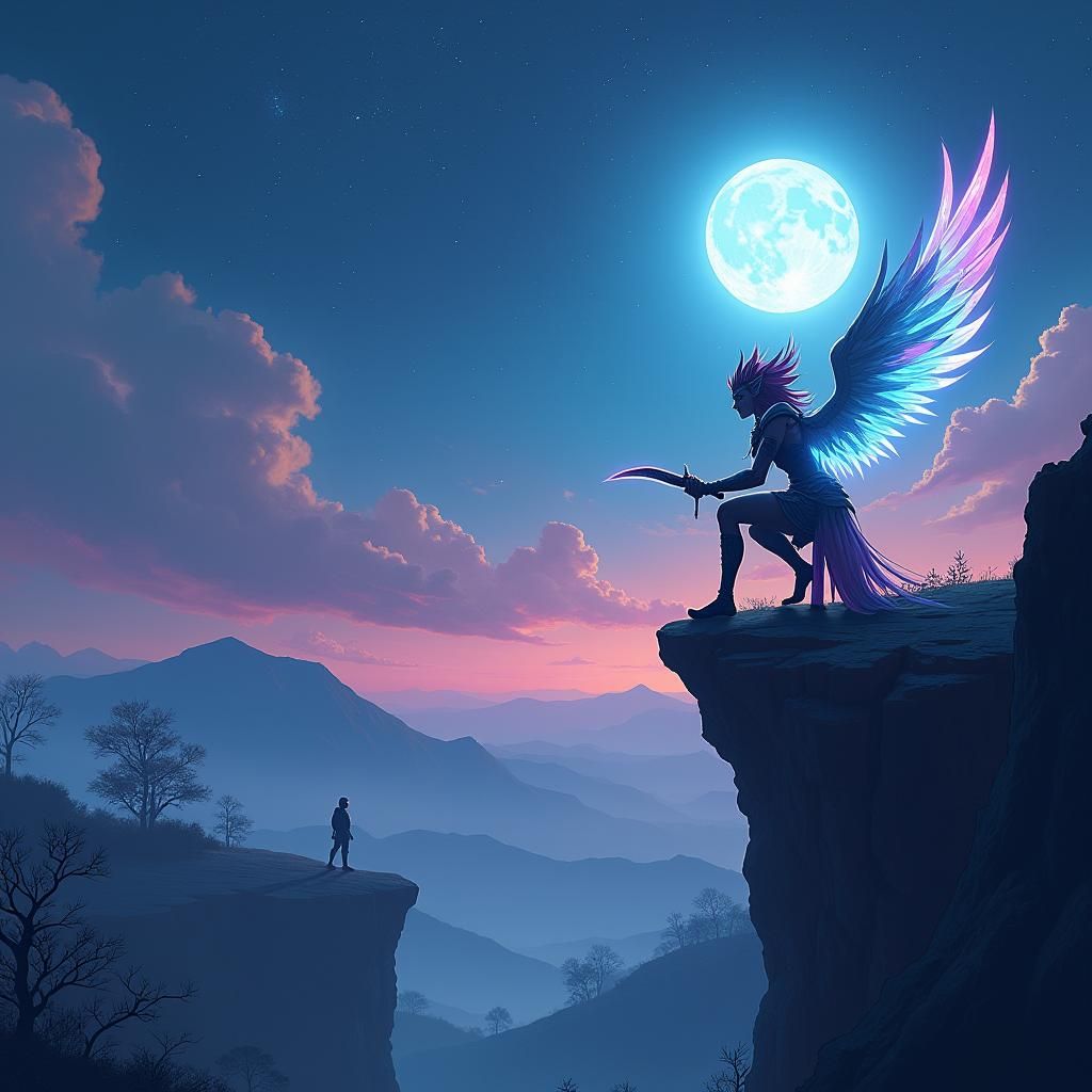 Xayah Overlooks Moonlit Landscape with Glowing Plumes