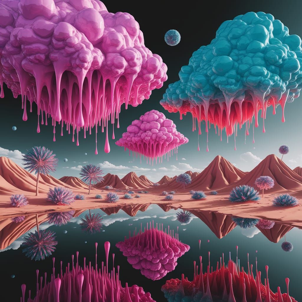 Surreal Desert Landscape with Floating Mountains and Drippin...
